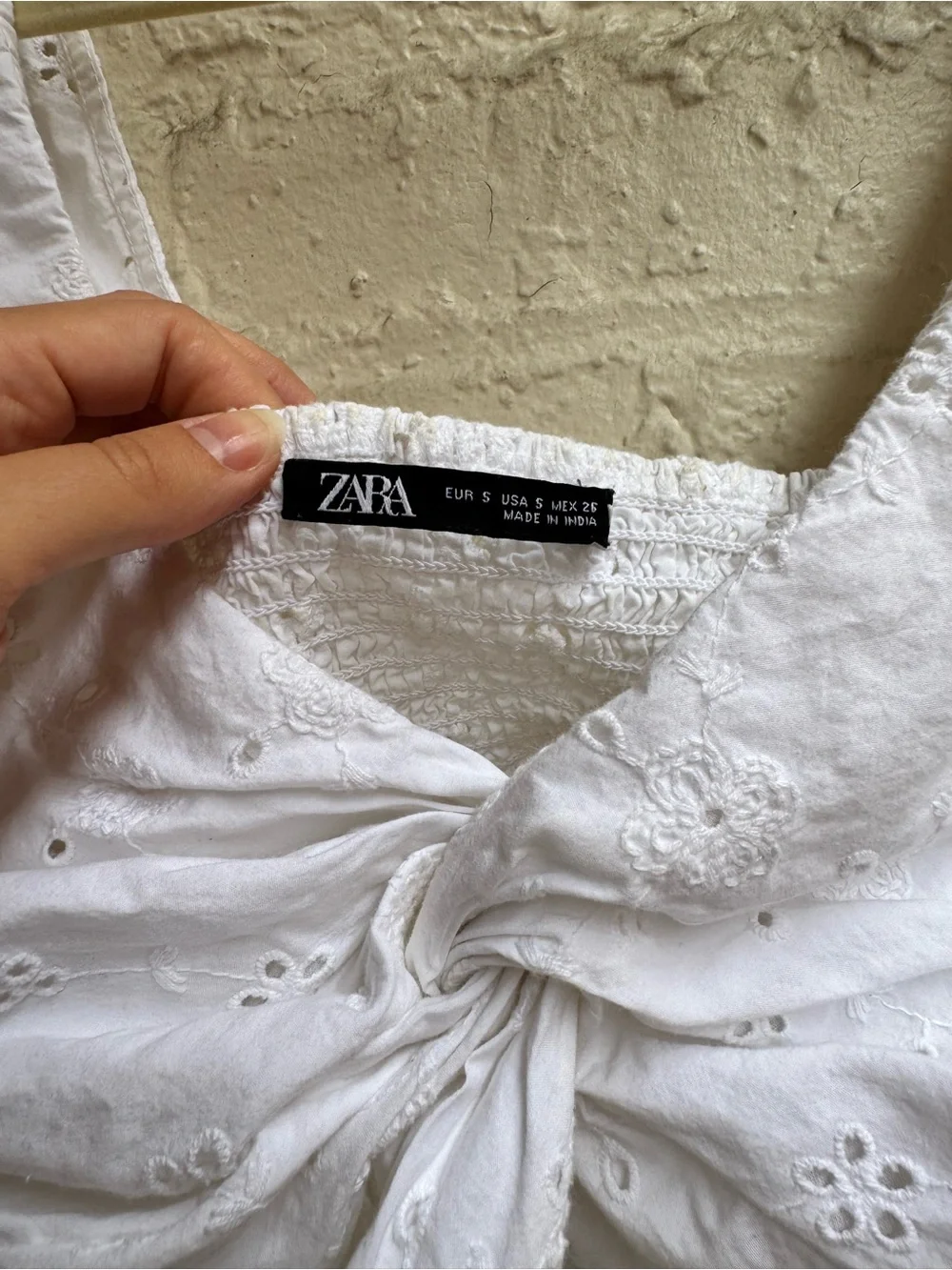 Zara White Eyelet Twist-Front Puff Sleeve Crop Top
